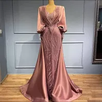 Arabic Aso Ebi Mermaid evening Dresses with train rose pink Beaded applique Long Sleeves Prom Formal Party Second gown robes