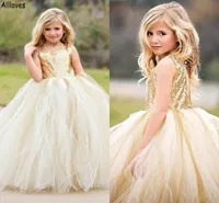Glitter Gold Sequined Flower Girl Dresses For Wedding Todder Puff Skirt Princess Little Girl's Pageant Party Gowns Long Formal Kids First Communion Dress CL1813