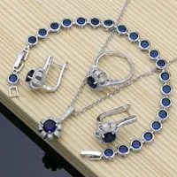 Wedding Jewelry Sets Blue Cubic Zirconia 925 Silver Bridal Docoration For Women Earrings Rings Drop Necklace Set