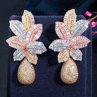 Stud CWWZircons 3 Tone Gold Color Luxury Large Leaf Drop Flower Micro Cubic Zirconia Pave Naija Wedding Party Earring for Women CZ644 230207