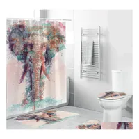 Shower Curtains Water Color Elephant Curtain Polyester 4 Piece Bathroom Set Carpet Er Toilet Bath Mat Pad For Home Decor T200711 Dro Dhvca