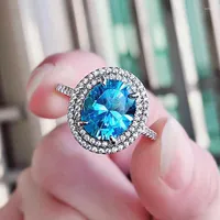 Cluster Rings S925 Silver Ring Female Imitation Diamond Oval Fashion Jewelry Wedding Blue