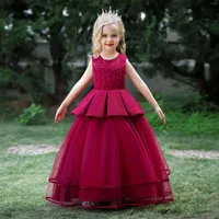 Girl Dresses Red Sleeveless Flower Tutu Long Dress Sequin Lace Girls Prom Party Gowns Princess Wedding 2023