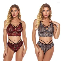 Bras Sets Women Sexy 2 Piece See-Through Lingerie Set Floral Lace Bra And Strappy Panty Underwear Bowknot Contrast Color Sheer Meshh Babyd