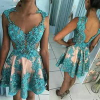 Short Cocktail Dresses Sexy Backless Sheer Jewel Neck Turquoise Champage Lace Party prom Evening Gowns Teens Junior Women Pageant Wears