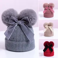 Double Pompom Cute Bow Baby Hat Winter Knitted Kids Baby Girl Winter Hat Warm Thicker Children Infant Beanie Cap Girls Bonnet2712