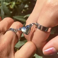 2Pcs Heart Magnet Couple Rings Punk Cuban Chain Charm Paired Rings For Lovers Friend Adjustable Jewelry Party Gift Trend New