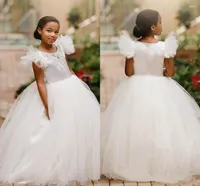 Girl Dresses White Ball Gown Flower For Weddings O Neck Appliques Beads Child Birthday Party Gowns Girls Pageant Dress