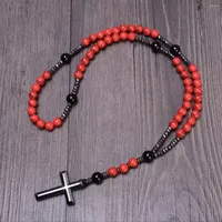 Pendant Necklaces Vintage 8mm Red Pine Stone Christ Rosary Hematite Cross Necklace For Men Women Jewelry Wholesale Drop
