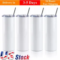 2 Days Delivery 20oz Sublimation Tumblers With Plastic Straw 304 Stainless Steel Straight Blank Coaster Mugs Outdoor Doubel Wall Thermos US Local Warehouse J0208