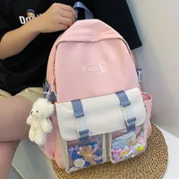 School Bags EST Contrast Color Embroidery Letters Large Nylon Backpack Girls Shoulders Rucksack Female Panelled Book Kawaii Bear