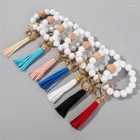 Keychains White Beads 1Pc Silicone Charm Bracelet Keychain Wristlet Leather Tassel Grade Bead Key Ring For Women Jewelry