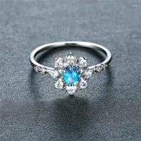 Wedding Rings Trendy Silver Color Ring Shining White Zircon Snowflake Blue Opal Round Stone Flower For Women Bridal Jewelry