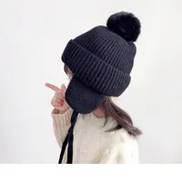 Berets Children Winter Cap Fashion Wool Windproof Warm EarFlaps Cotton Cute Knitted Cashmere Hat With Pompoms 3-12 Year