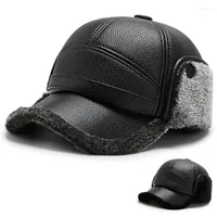 Berets Winter Hat Fashion Classic Men PU Leather Baseball Cap Outdoor Soft Plush Warm Visors Hats Ear Protection Skiing Caps