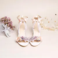 Sandals Women Floral Wedding Shoes Wedding Lace Bush Tie Bombas 7cm Block Heels High