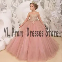 Girl Dresses YL Blush Pink Long Sleeve Flower Dress High Waist Sweep Train First Communion Gowns Princess Lace Kid Beauty Pageant