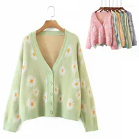 Women&#039;s Knits Autumn College Knit Cardigans Sweater Women Loose V Neck Flower Green Female Short Cute Casual Coat Thicked