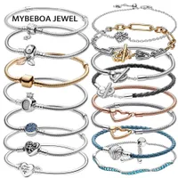 bracelet jewlery for women MYBEBOA 925 Sterling Silver Bracelet Butterfly Buckle T-bar Heart Shaped Moment Paving Link Snake Chain DIY Set Charm Beads