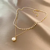 Chains Fashion Dainty Double Layer Freshwater Pearl Choker Necklace Women 14K Gold Plated Baroque Clavicle Chain Vintage Jewelry