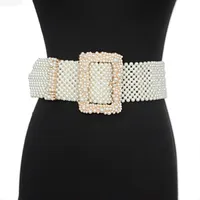 Navel Bell Button Rings Ladies Braided Belt Trend Personality Atmospheric Pearl Square Buckle Decorative Wide Belt 230208