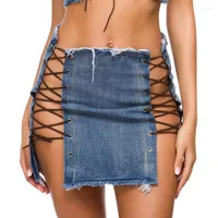 Skirts Sexy Bandage Denim Skirt Club High Waist Lace Up Pencil Mini Women Summer Short Saia Street Style Vintage Jeans