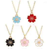 Chains Cherry Blossoms Necklace Red Pink Blue White Black Flower Alloy Chain Pendant Necklaces Jewellery Collier Femme