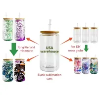 US Warehouse 12oz 16oz sublimering Glass Cup Blanks With Bamboo Lid Frosted Sublimation Beer Can Glass Double Wall Snow Globe Tumbler Mugg med plaststrån