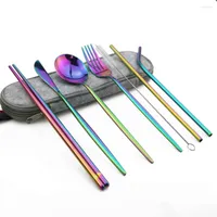 Dinnerware Sets 8Pcs Portable Knife Fork Spoon Chopsticks Straw Cutlery Set 304 Stainless Steel Dinare Silverware With Case For Travel