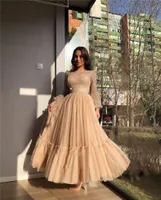Modest Champagne A Line Tulle Prom Dresses Sparkly Long Sleeves Sheer Scoop Neck Ankle Length Formal Evening Gowns