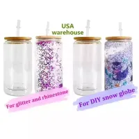 12oz 16oz 20oz Clear Mugs Sublimation Double Wall Glass Tumbler Glitter Snow Globe Diy Blank Glass Can With Bambu Lids Beer Juice Glasses Cup New New