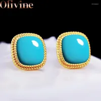 Stud Earrings Vintage Natural Turquoise Blue Stone Studs 925 Sterling Silver Gold Color Jewelry