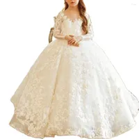 Girl Dresses Ivory White Ball Gown Flower Long Sleeves Lace Applique Princess Prom Party For Sweet