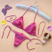Bras Sets Lingerie Suit Women Sexy Womens Satin Silk Thong Underwear Bikini Set Bra Panties T-Back Lace Up G-string Swimsuit
