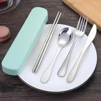 Dinnerware Sets Portable Chopsticks Spoon Fork Cutlery 4PCS Set Wheat Straw Tableware Box Children Adult Travel Kitchen Accessories