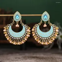 Stud Earrings For Women Moon Shape Bohemian Rhinestone Bell Simulated Pearl Tassel Jewelry Jhumki