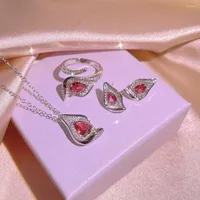 Necklace Earrings Set Luxury Women Fashion Irregular Red Zircon Flower Ring Party Jewelry Engagement Three Piece