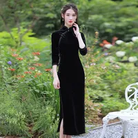 Etnik Giyim Klasik Elbise Kadınlar Zarif Siyah Cheongsam Robe Genç Stil Elbiseler Seksi İnce Günlük Anne Giyim Qipao Geleneksel279E