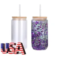 US Warehouse 12/16/20oz dubbele wandglas kopje met bamboe deksel en stro transparante theesapmelk koffie kan kopje wijn cola drinkware gj02