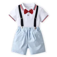 Clothing Sets Suits Baby Clothes Dress Kids Wear Boys White Short Sleeve Shirt Woven Bib Shorts Summer Lapel Beaded T-Shirt E17521