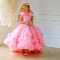 Girl Dresses Pink Baby Dress Tulle Puffy Flower Train Child Pricess For Birthday First Communion Gowns