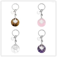 Keychains FYJS Unique Silver Plated Circle Lobster Clasp Buddha Round Hollow Rose Pink Quartz Key Chain Rock Crystal Meditation Jewelry