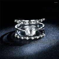 Wedding Rings White Zircon Round Stone Multilayer Ring Vintage Hollow Crystal Engagement Fashion Silver Color For Women Men