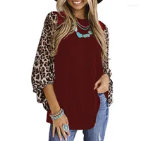 القمصان النسائية 2023 Moonbiffy Fashion Autumn T-Shirt T-Shirt Leopard Print Long Sleeved Tops Round Dound Neck Female Loose