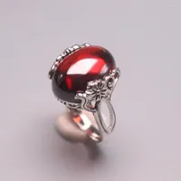 Cluster Rings S925 Fine Sterling Silver Ring For Women Red Garnet Pattern Size US 5-9 Adjustable