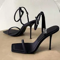 AW High Heeled Shoes Women's Temperament Thin Heeled High Heeled Letter One Word Diamond Sandals with Square Head 230209