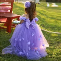 Girl Dresses Purple Flower Puffy Ball Gown Handmade Flowers Big Bow Sashes Kids Princess Birthday First Communion Gowns