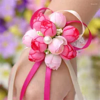 Decorative Flowers Korean Elegant Wrist Flower Rose Silk Ribbon Corsage Hand Decor Pearls Wristband Bracelet Bridesmaid Band Clip Wedding