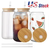 24 H ship Local Warehouse 16oz Mugs Double Wall Sublimation Glass Beer Can Shaped Cups Tumbler Drinking Beer With Bamboo Lid A0210