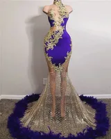 Luxury Purple Mermaid Prom Dresses 2023 Pearls spetsfj￤drar Kristaller plus storlek F￶delsedagsfestkl￤nningar Robe de Bal
